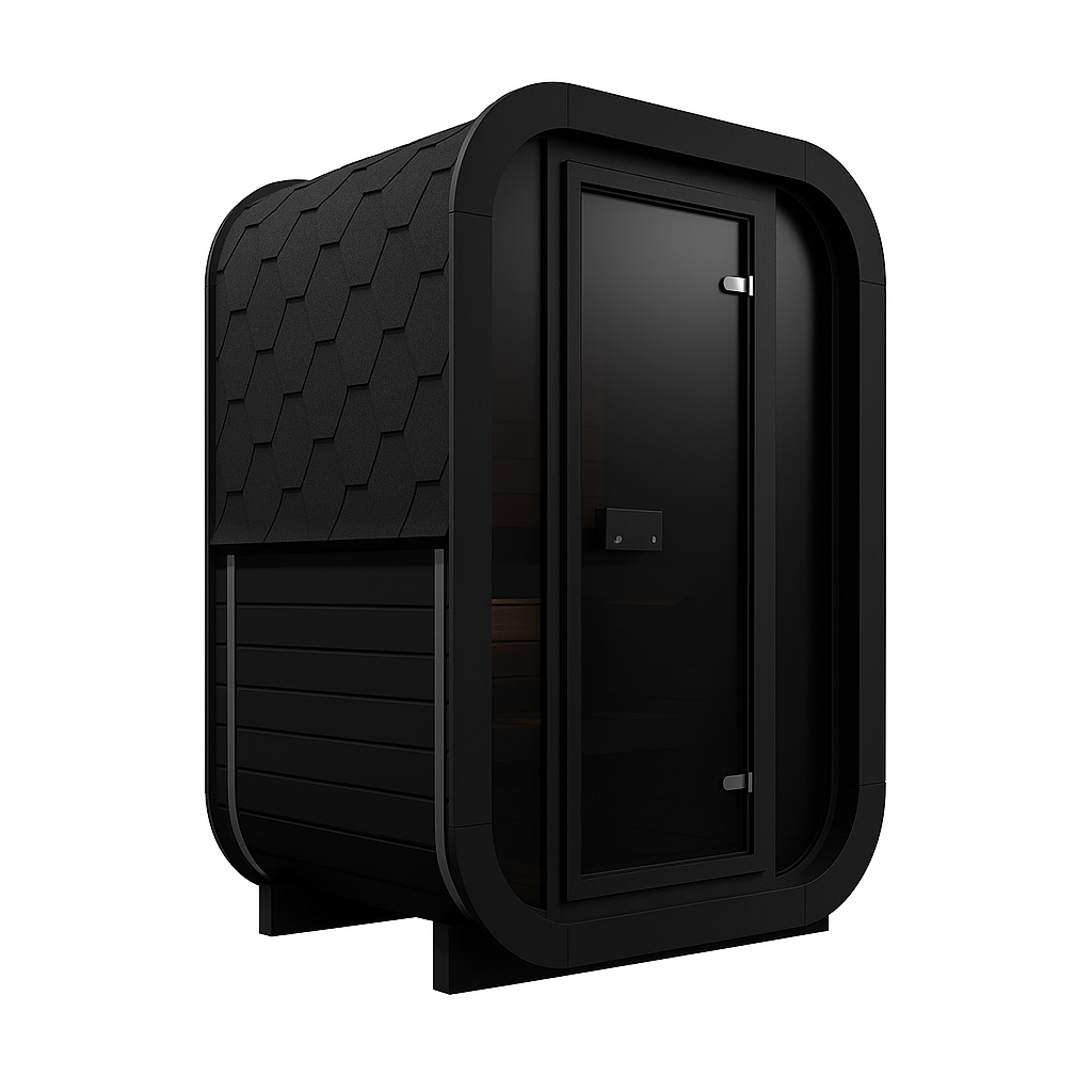 Sauna ogrodowa Limitowana Czarna Edycja ULLA130 Thermowood 1-2 osoby – nowoczesna zewnętrzna na taras lub do ogrodu w stylu skandynawskim piec elektryczny 220V/230V/400V