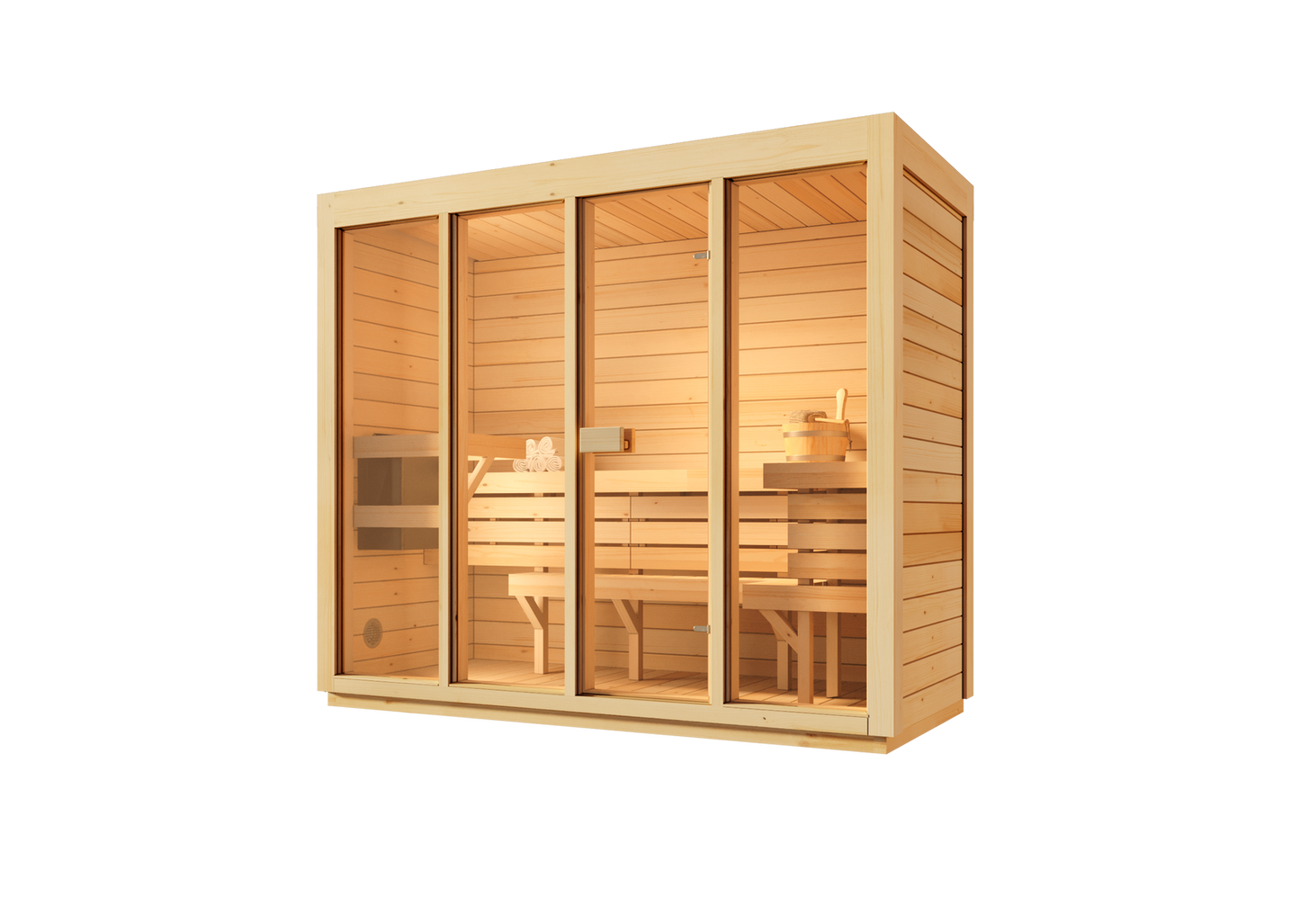 Sauna Domowa Bali L – Przestronna sauna wewnętrzna dla 4 osób z piecem elektrycznym, idealna do relaksu w zaciszu własnego domu.