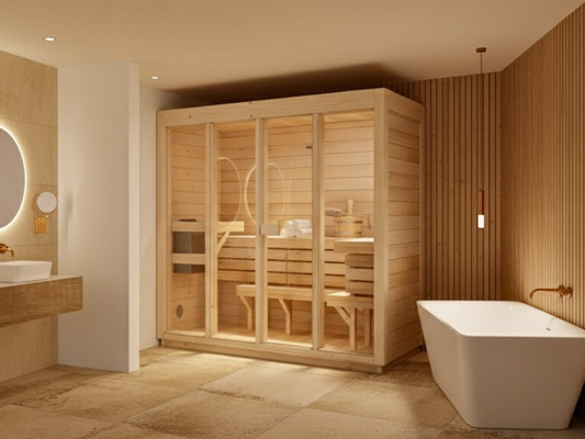 Sauna Domowa Bali L – Przestronna sauna wewnętrzna dla 4 osób z piecem elektrycznym, idealna do relaksu w zaciszu własnego domu.