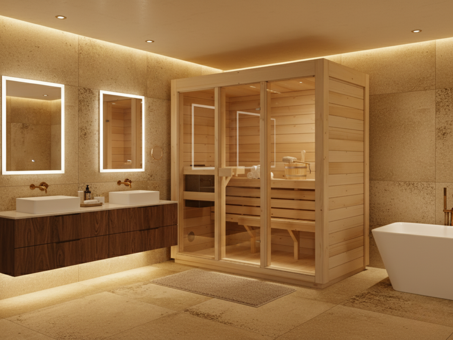 Sauna Domowa Bali M – Przestronna sauna wewnętrzna dla 3 osób z piecem elektrycznym, idealna do relaksu w zaciszu własnego domu.