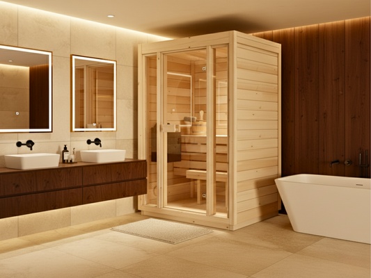 Sauna Domowa Bali S – Przestronna sauna wewnętrzna dla 2 osób z piecem elektrycznym, idealna do relaksu w zaciszu własnego domu.