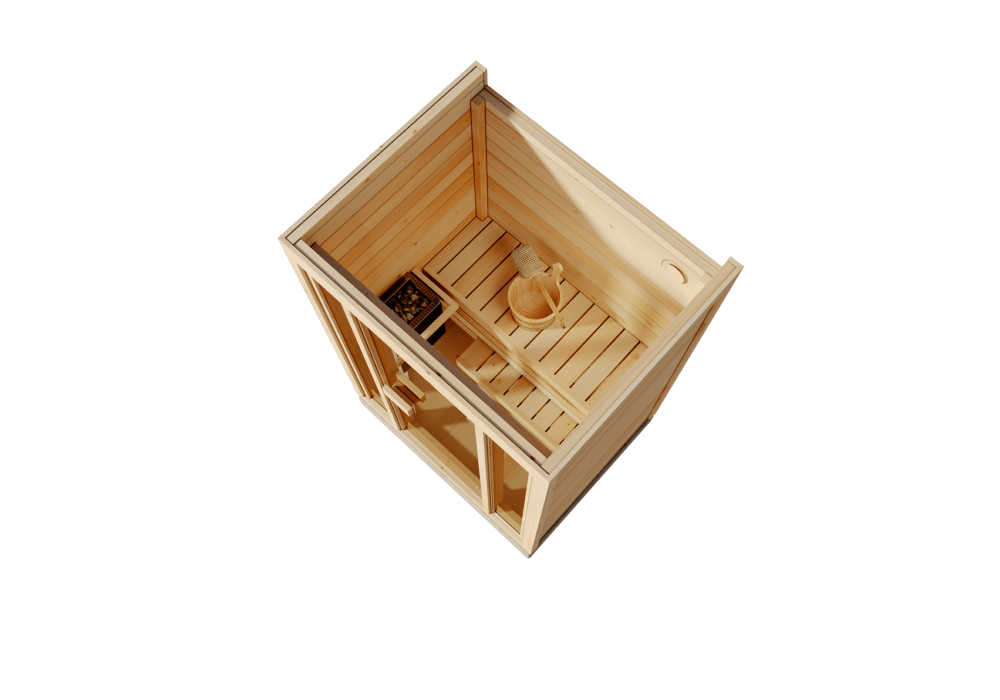 Sauna Domowa Bali S – Przestronna sauna wewnętrzna dla 2 osób z piecem elektrycznym, idealna do relaksu w zaciszu własnego domu.
