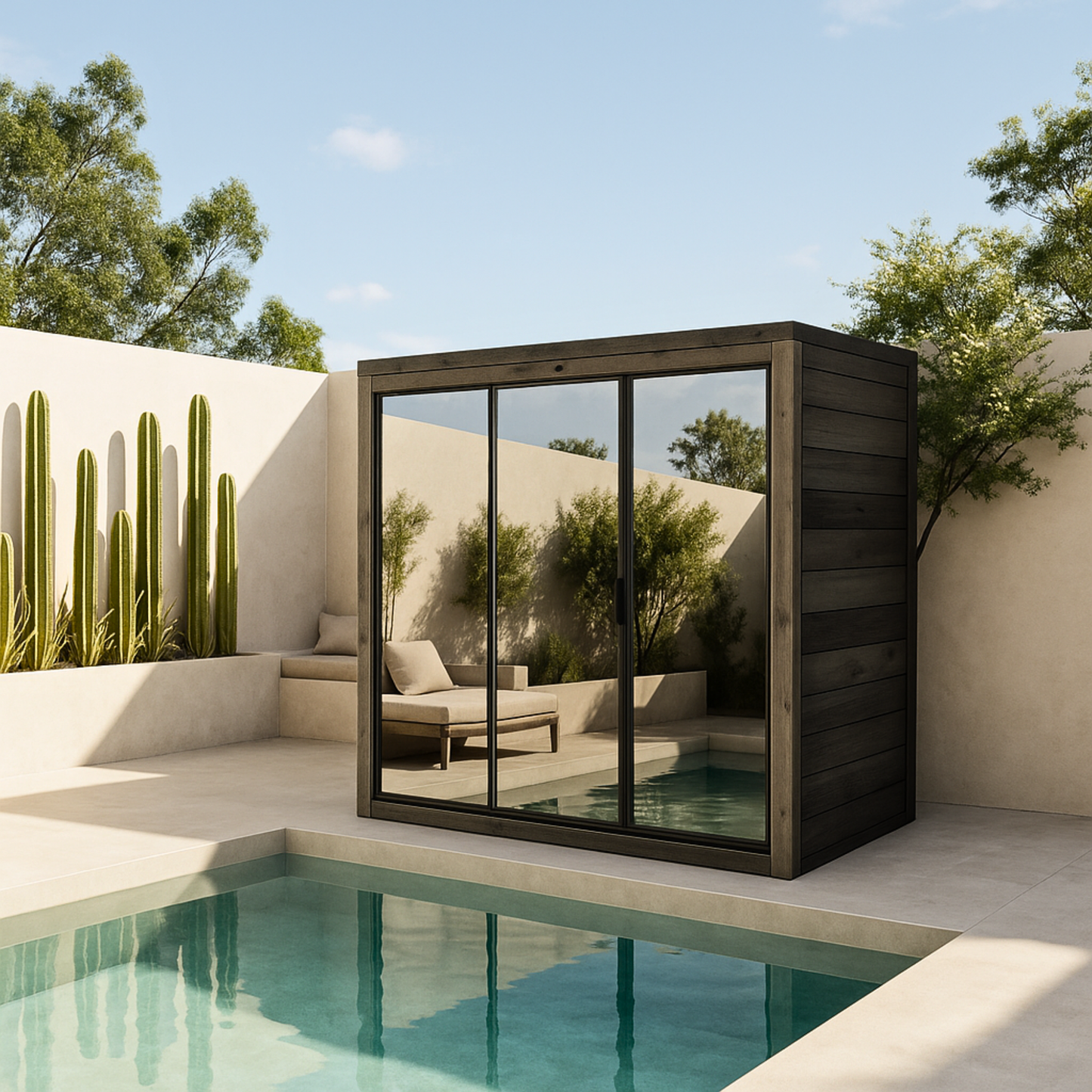 Sauna Ogrodowa Bali M Limitowana Czarna Wersja Ze szkłem lustrzanym Thermowood – Przestronna Sauna Zewnętrzna na 3 Osoby z Piecem Elektrycznym, Idealna do Relaksu w Ogrodzie