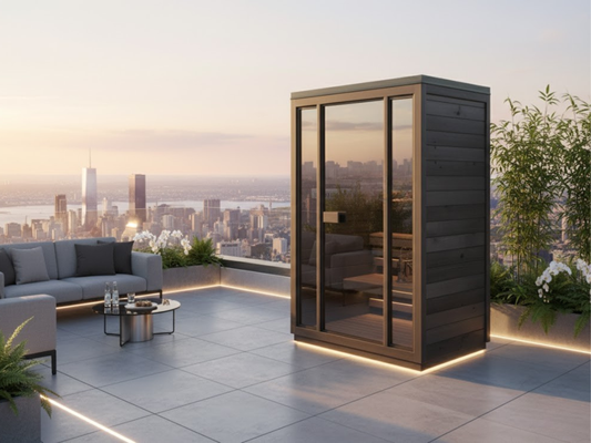 Sauna Ogrodowa Bali S Limitowana Czarna Wersja Ze szkłem lustrzanym Thermowood – Przestronna Sauna Zewnętrzna na 2 Osoby z Piecem Elektrycznym, Idealna do Relaksu w Ogrodzie
