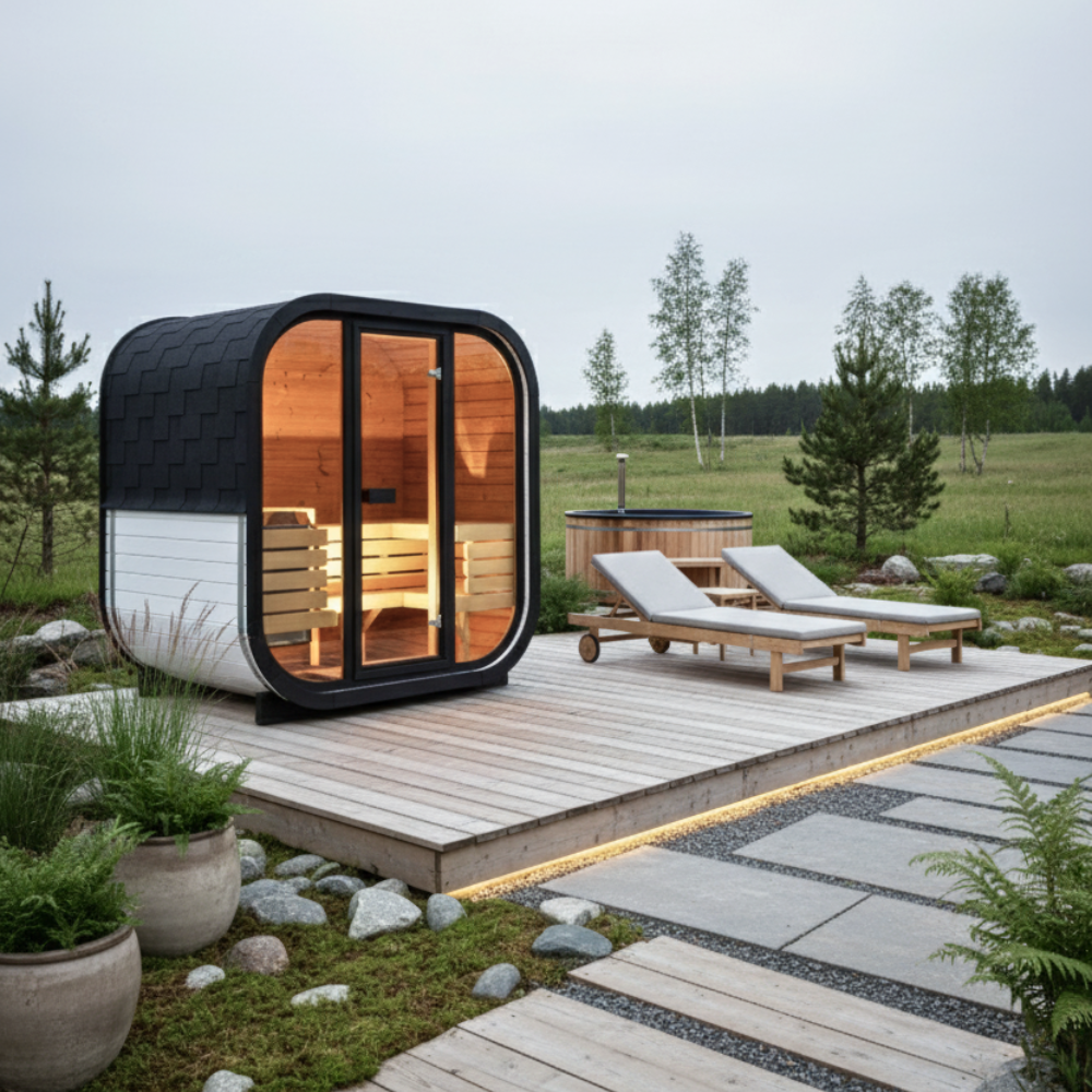 Sauna zewnętrzna AMORA dla 2–3 osób / Tylko ogrzewanie elektryczne / Świerk i Thermowood | Wellness | SPA | Naturalne Drewno