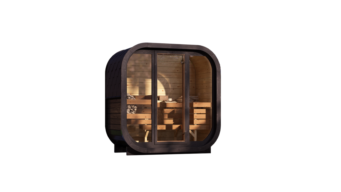 Sauna zewnętrzna AMORA dla 2–3 osób / Tylko ogrzewanie elektryczne / Świerk i Thermowood | Wellness | SPA | Naturalne Drewno