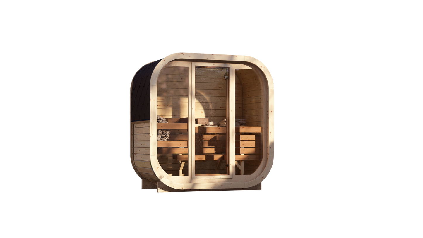 Sauna zewnętrzna AMORA dla 2–3 osób / Tylko ogrzewanie elektryczne / Świerk i Thermowood | Wellness | SPA | Naturalne Drewno