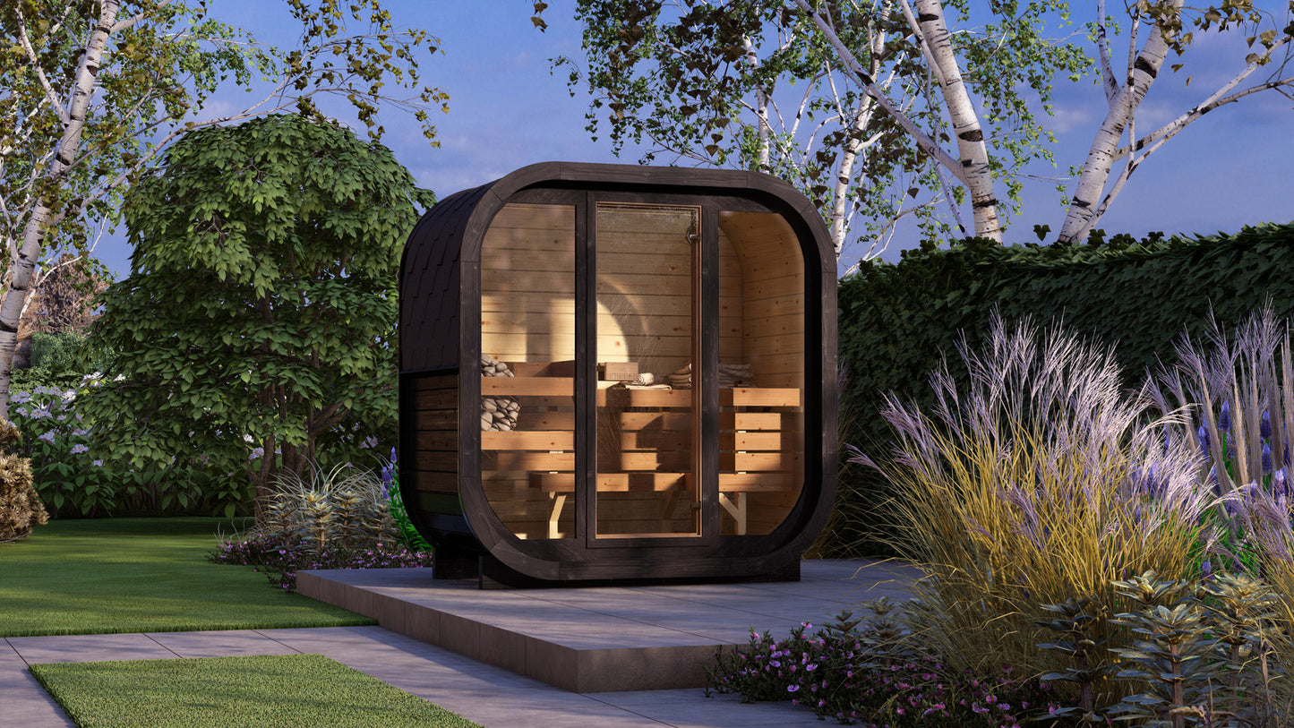 Sauna zewnętrzna AMORA dla 2–3 osób / Tylko ogrzewanie elektryczne / Świerk i Thermowood | Wellness | SPA | Naturalne Drewno