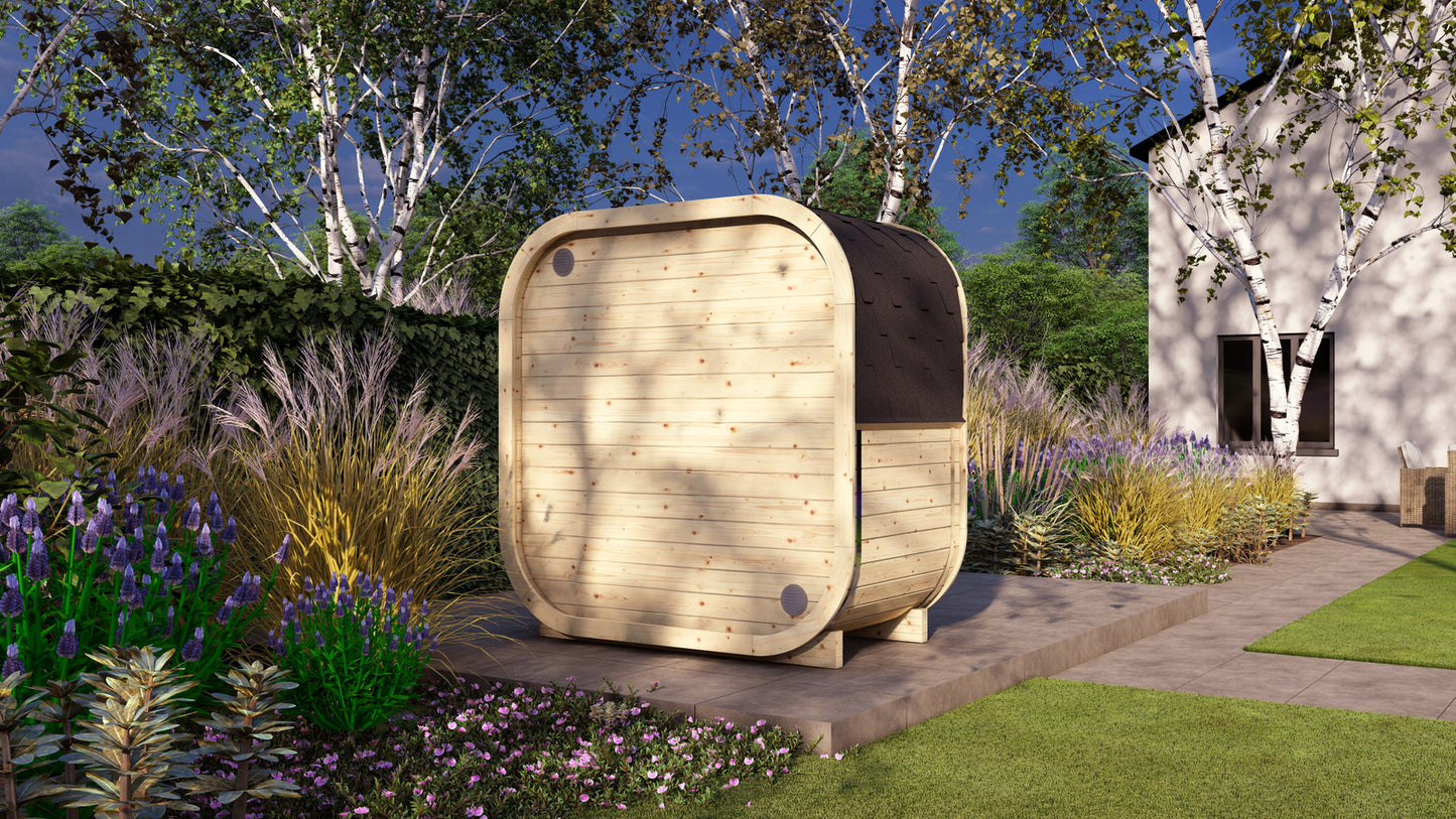 Sauna zewnętrzna AMORA dla 2–3 osób / Tylko ogrzewanie elektryczne / Świerk i Thermowood | Wellness | SPA | Naturalne Drewno