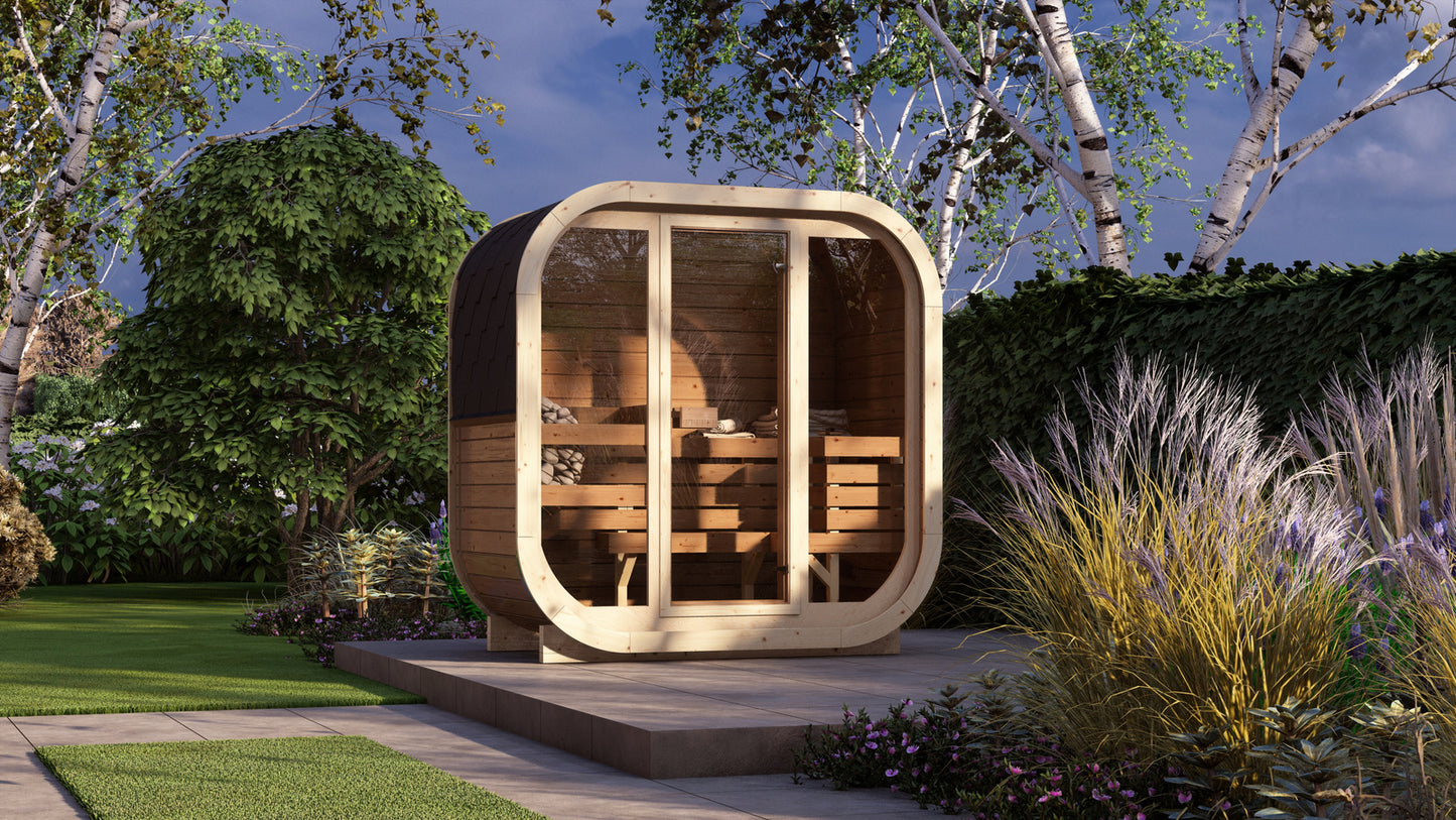 Sauna zewnętrzna AMORA dla 2–3 osób / Tylko ogrzewanie elektryczne / Świerk i Thermowood | Wellness | SPA | Naturalne Drewno