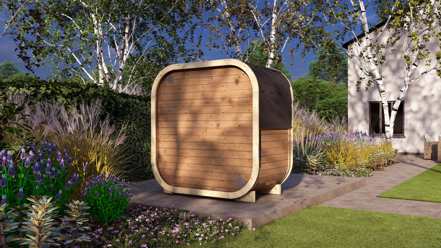 Sauna zewnętrzna AMORA dla 2–3 osób / Tylko ogrzewanie elektryczne / Świerk i Thermowood | Wellness | SPA | Naturalne Drewno