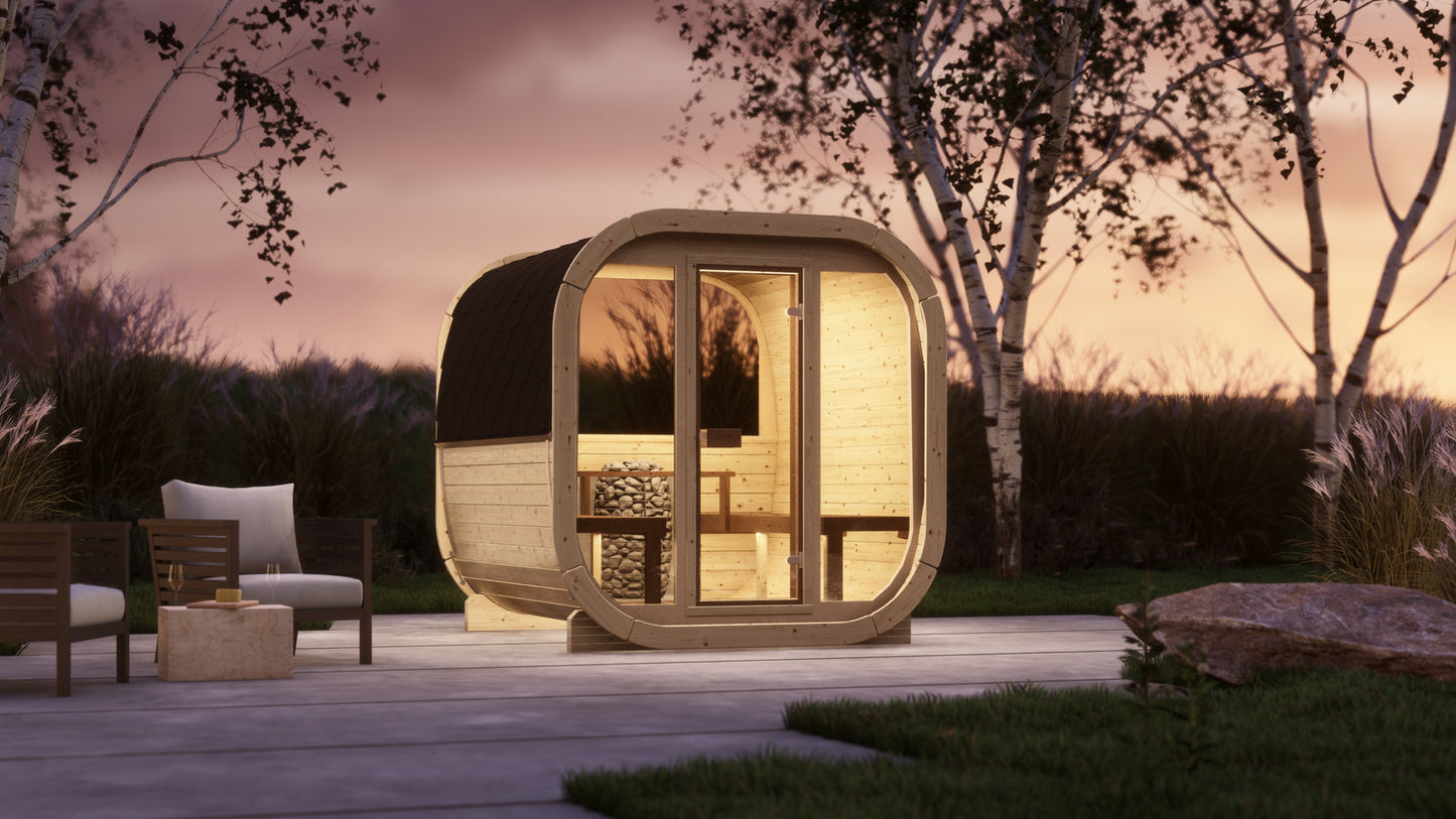 Sauna zewnętrzna Eke 220 dla 4-6 osób / Piec elektryczny lub Opalany Drewnem Harvia / Wysokiej Jakości Świerk Nordycki ( Sosnowe Drewno Termiczne) | Wellness | Relaks | SPA | Nordycki Styl |