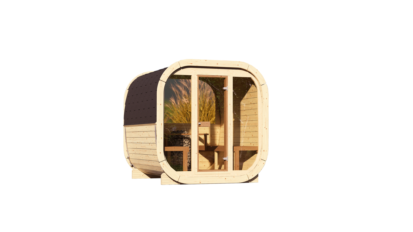 Sauna zewnętrzna Eke 220 dla 4-6 osób / Piec elektryczny lub Opalany Drewnem Harvia / Wysokiej Jakości Świerk Nordycki ( Sosnowe Drewno Termiczne) | Wellness | Relaks | SPA | Nordycki Styl |