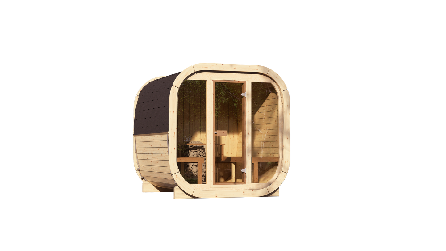 Sauna zewnętrzna Eke 220 dla 4-6 osób / Piec elektryczny lub Opalany Drewnem Harvia / Wysokiej Jakości Świerk Nordycki ( Sosnowe Drewno Termiczne) | Wellness | Relaks | SPA | Nordycki Styl |