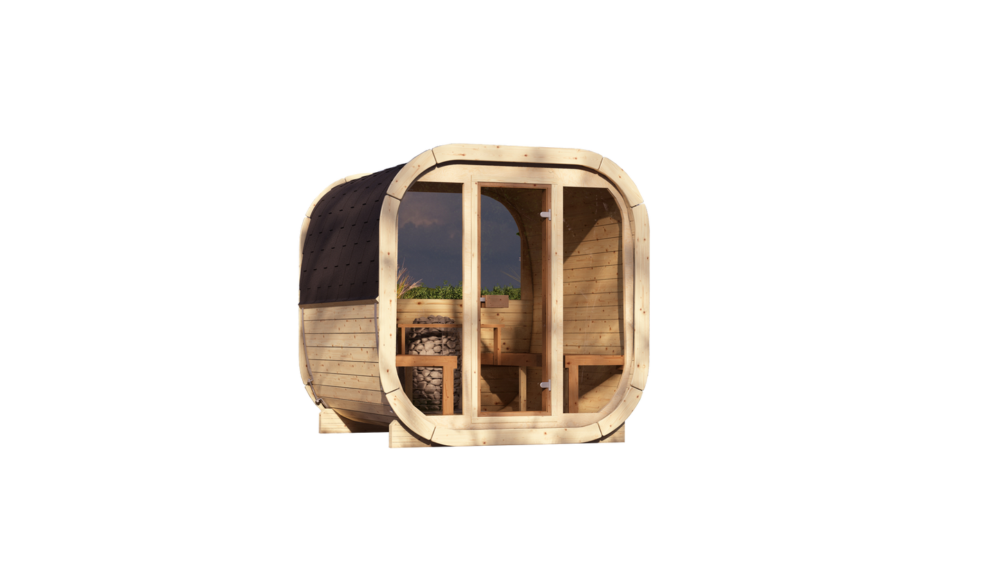 Sauna zewnętrzna Eke 220 dla 4-6 osób / Piec elektryczny lub Opalany Drewnem Harvia / Wysokiej Jakości Świerk Nordycki ( Sosnowe Drewno Termiczne) | Wellness | Relaks | SPA | Nordycki Styl |