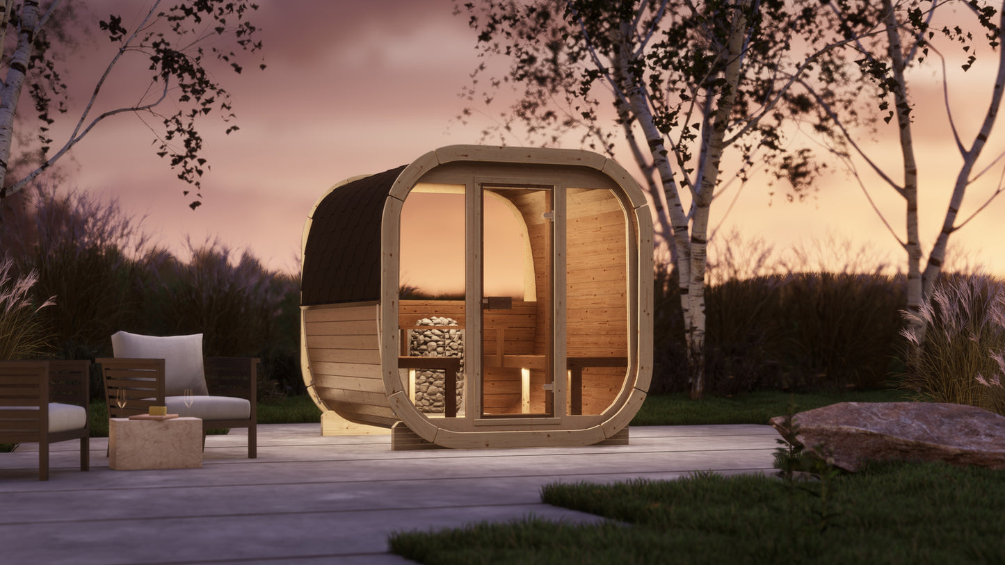 Sauna zewnętrzna Eke 220 dla 4-6 osób / Piec elektryczny lub Opalany Drewnem Harvia / Wysokiej Jakości Świerk Nordycki ( Sosnowe Drewno Termiczne) | Wellness | Relaks | SPA | Nordycki Styl |