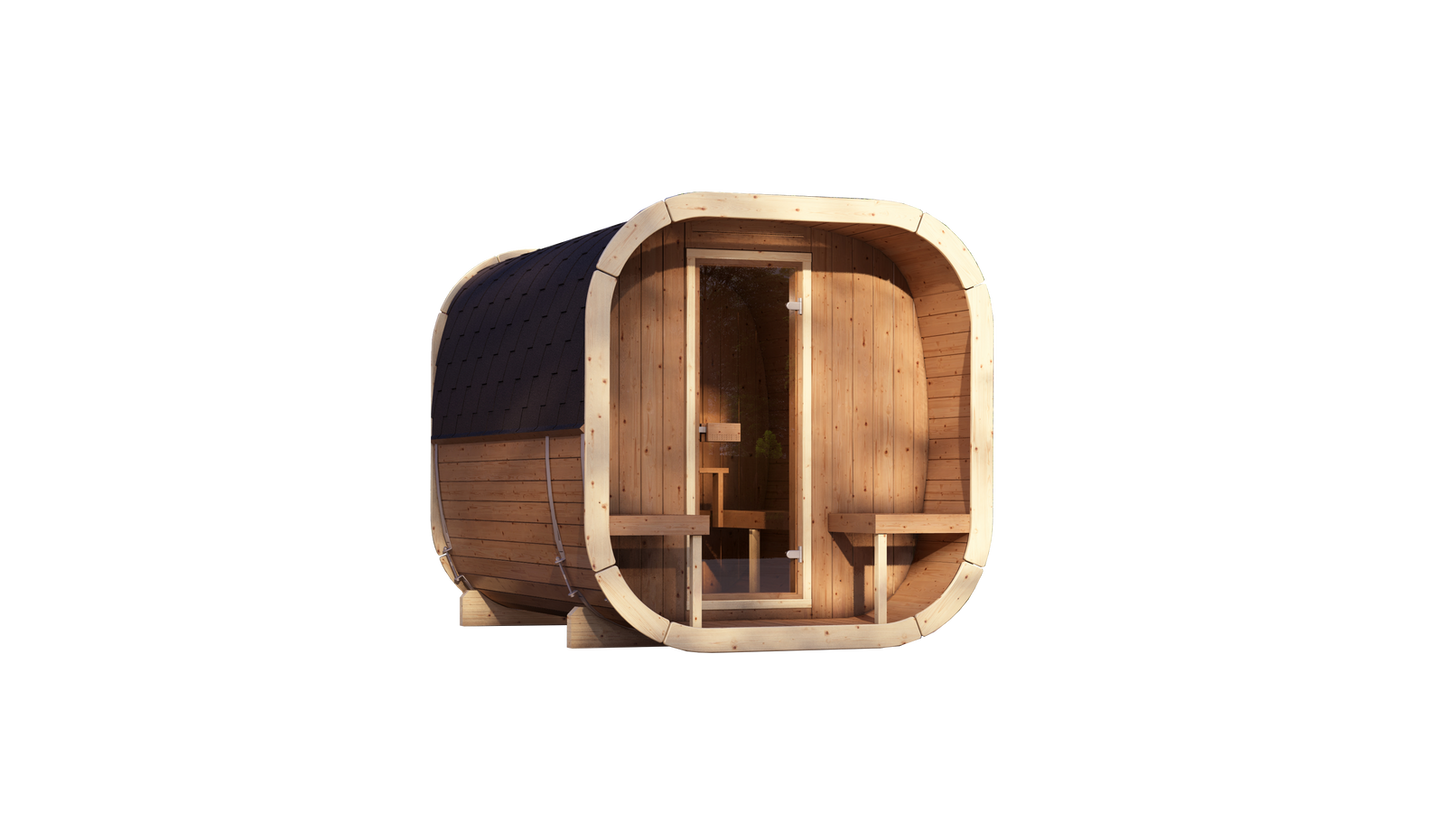 Sauna zewnętrzna Eke 280 dla 4-6 osób / Piec elektryczny lub Opalany Drewnem Harvia / Wysokiej Jakości Świerk Nordycki ( Sosnowe Drewno Termiczne) | Wellness | Relaks | SPA | Nordycki Styl