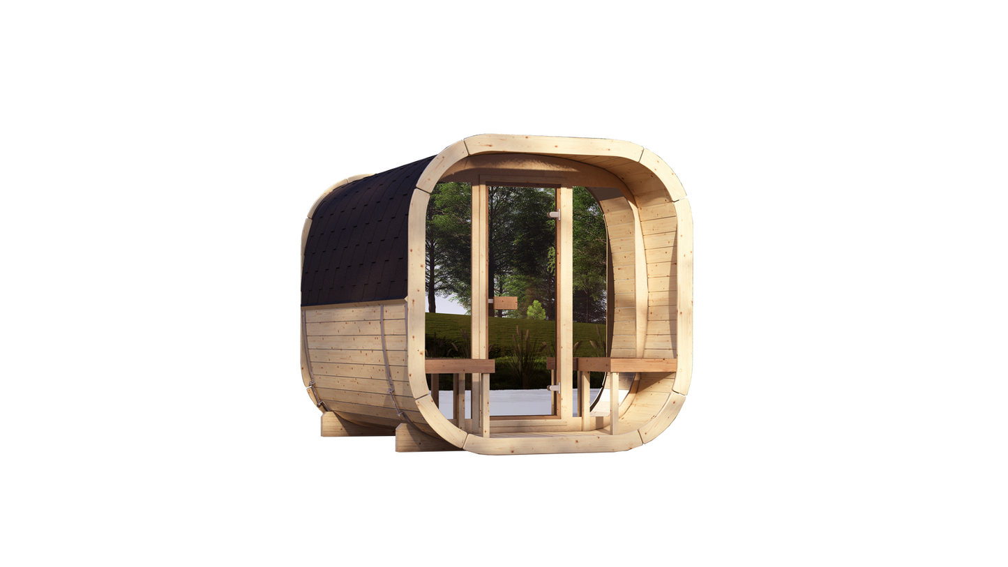 Sauna zewnętrzna Eke 280 dla 4-6 osób / Piec elektryczny lub Opalany Drewnem Harvia / Wysokiej Jakości Świerk Nordycki ( Sosnowe Drewno Termiczne) | Wellness | Relaks | SPA | Nordycki Styl