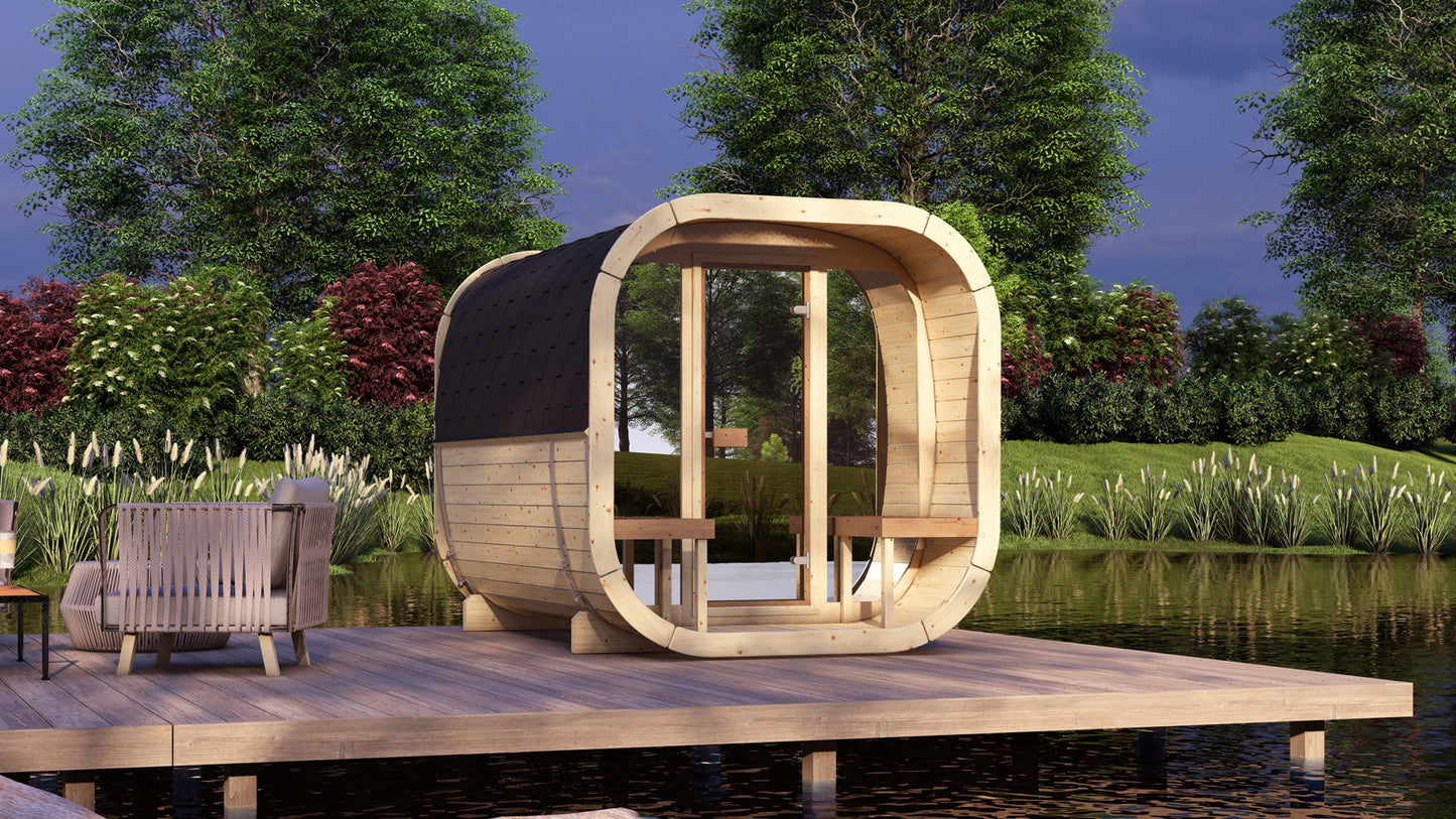 Sauna zewnętrzna Eke 280 dla 4-6 osób / Piec elektryczny lub Opalany Drewnem Harvia / Wysokiej Jakości Świerk Nordycki ( Sosnowe Drewno Termiczne) | Wellness | Relaks | SPA | Nordycki Styl