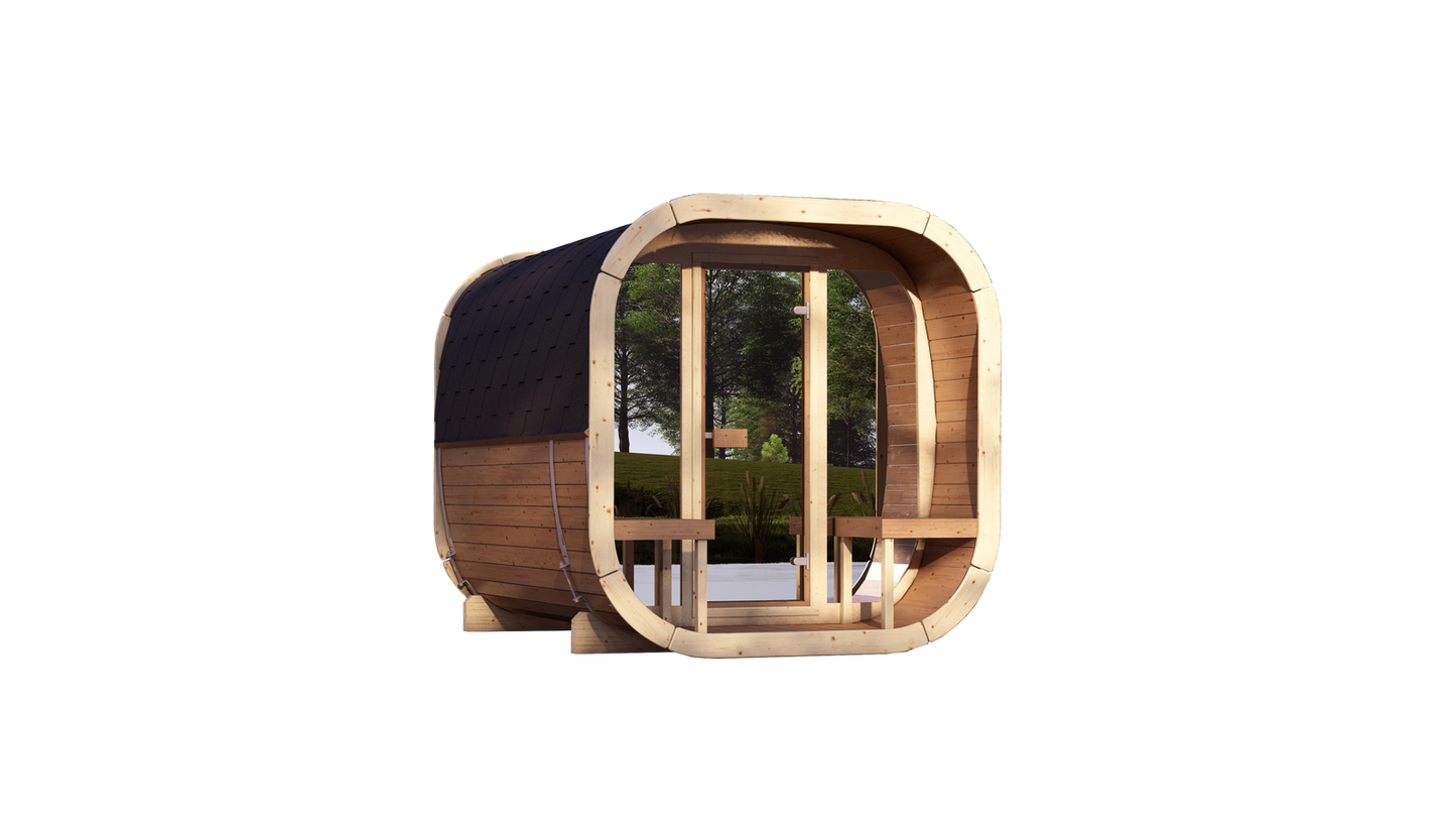 Sauna zewnętrzna Eke 280 dla 4-6 osób / Piec elektryczny lub Opalany Drewnem Harvia / Wysokiej Jakości Świerk Nordycki ( Sosnowe Drewno Termiczne) | Wellness | Relaks | SPA | Nordycki Styl