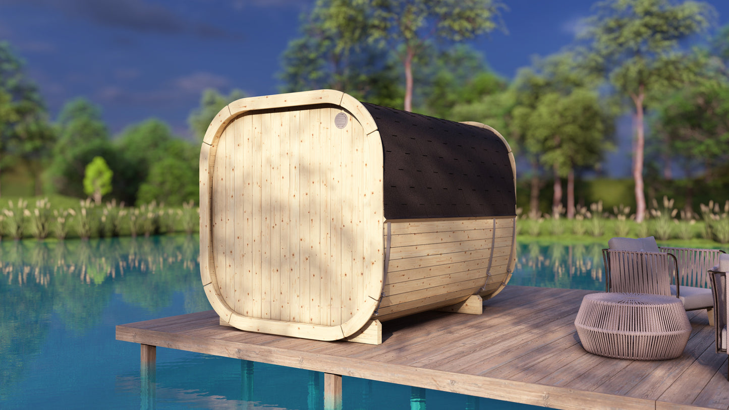 Sauna zewnętrzna Eke 280 dla 4-6 osób / Piec elektryczny lub Opalany Drewnem Harvia / Wysokiej Jakości Świerk Nordycki ( Sosnowe Drewno Termiczne) | Wellness | Relaks | SPA | Nordycki Styl