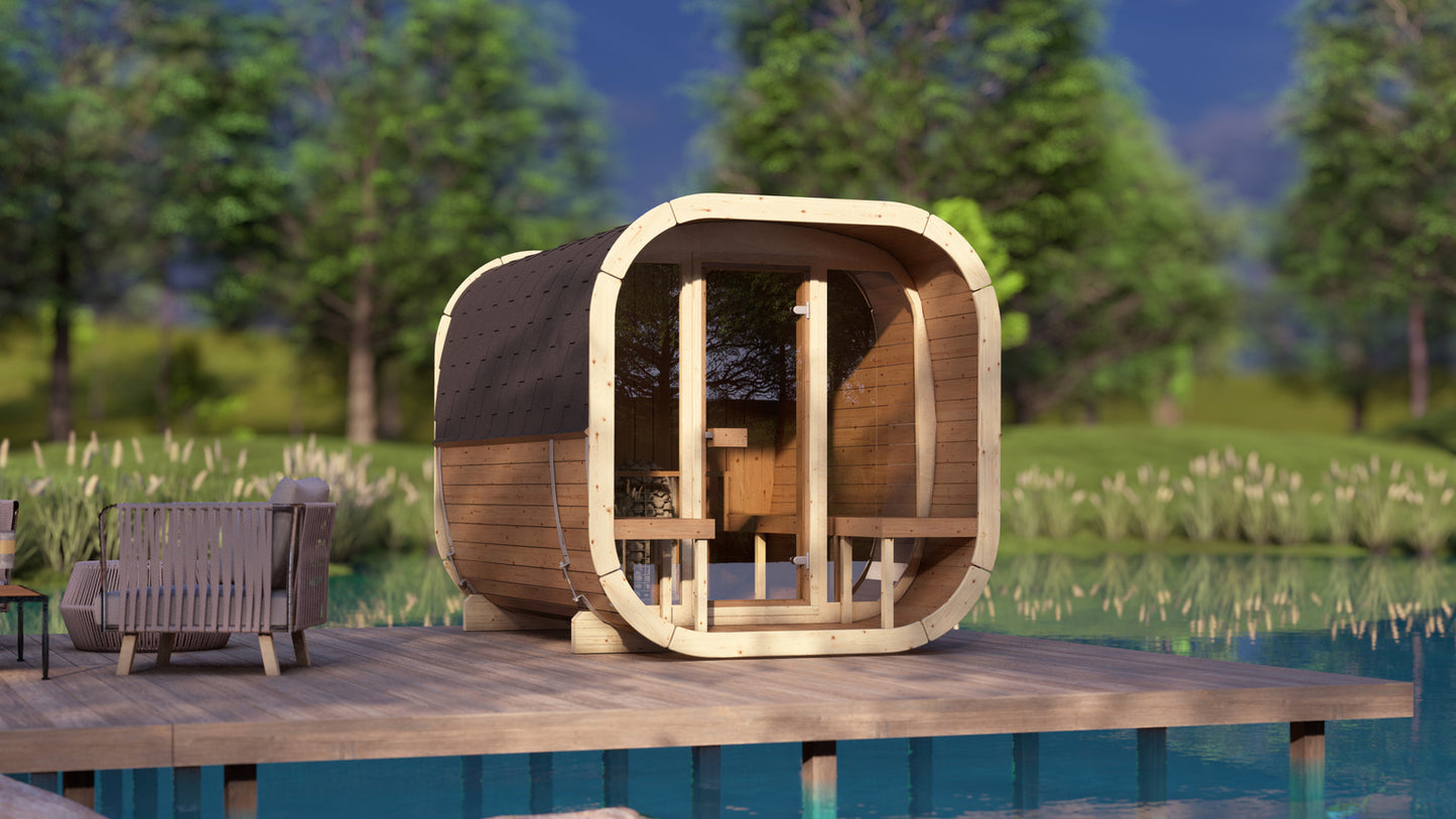 Sauna zewnętrzna Eke 280 dla 4-6 osób / Piec elektryczny lub Opalany Drewnem Harvia / Wysokiej Jakości Świerk Nordycki ( Sosnowe Drewno Termiczne) | Wellness | Relaks | SPA | Nordycki Styl