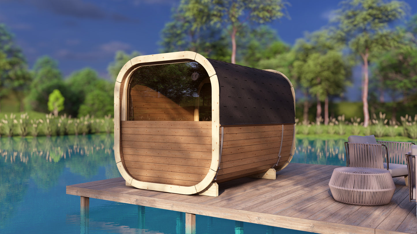 Sauna zewnętrzna Eke 280 dla 4-6 osób / Piec elektryczny lub Opalany Drewnem Harvia / Wysokiej Jakości Świerk Nordycki ( Sosnowe Drewno Termiczne) | Wellness | Relaks | SPA | Nordycki Styl