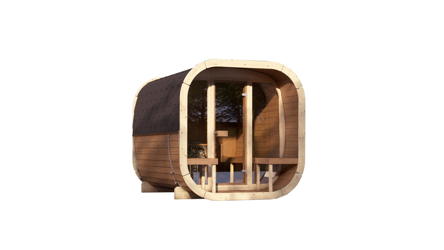 Sauna zewnętrzna Eke 280 dla 4-6 osób / Piec elektryczny lub Opalany Drewnem Harvia / Wysokiej Jakości Świerk Nordycki ( Sosnowe Drewno Termiczne) | Wellness | Relaks | SPA | Nordycki Styl