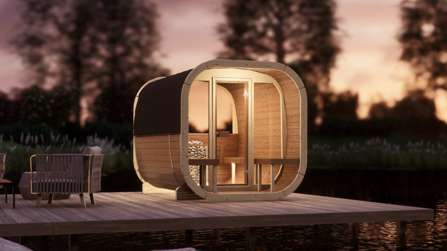 Sauna zewnętrzna Eke 280 dla 4-6 osób / Piec elektryczny lub Opalany Drewnem Harvia / Wysokiej Jakości Świerk Nordycki ( Sosnowe Drewno Termiczne) | Wellness | Relaks | SPA | Nordycki Styl