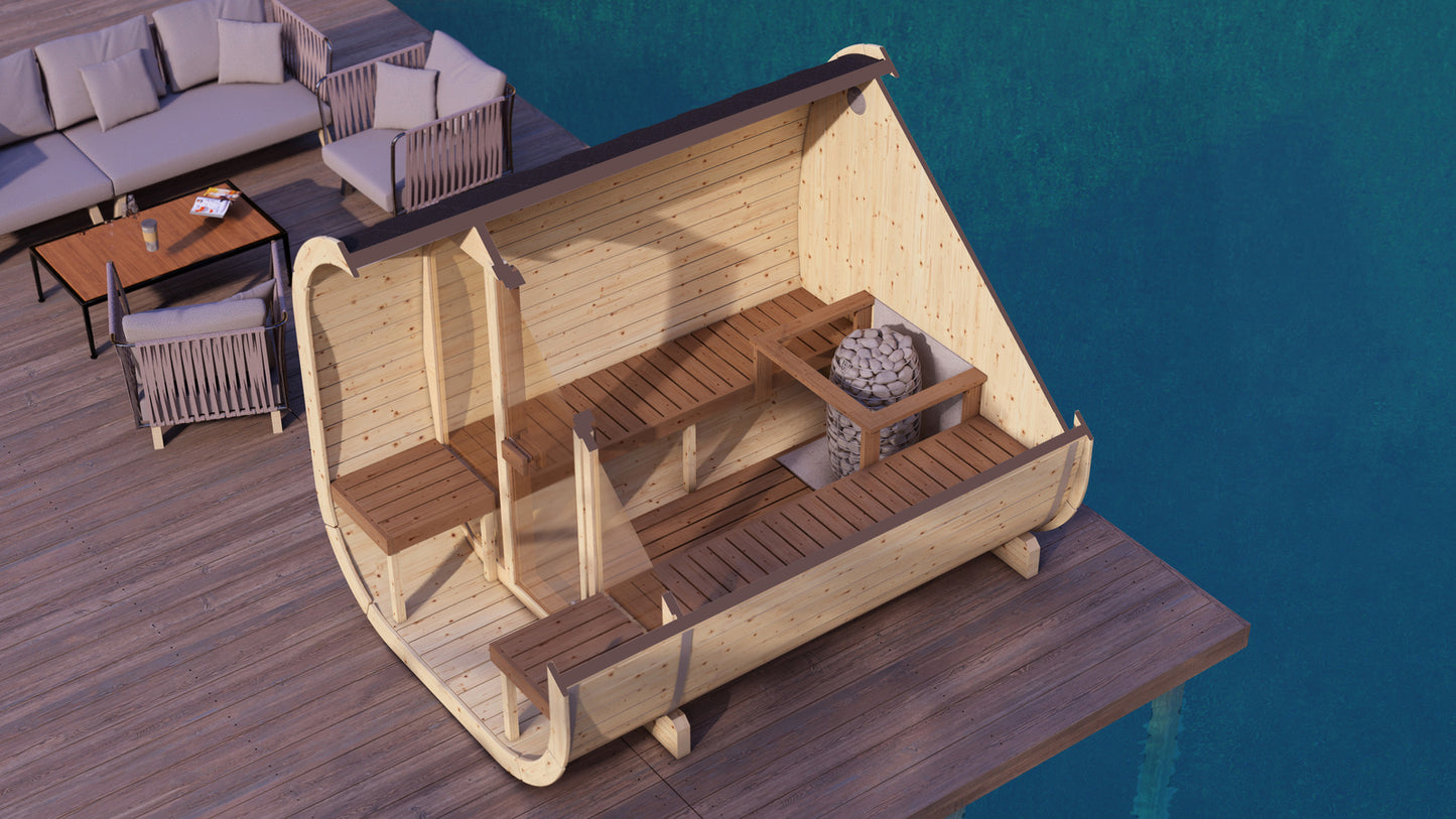 Sauna zewnętrzna Eke 280 dla 4-6 osób / Piec elektryczny lub Opalany Drewnem Harvia / Wysokiej Jakości Świerk Nordycki ( Sosnowe Drewno Termiczne) | Wellness | Relaks | SPA | Nordycki Styl