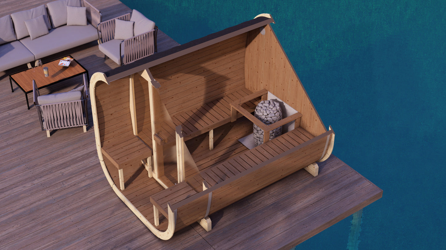 Sauna zewnętrzna Eke 280 dla 4-6 osób / Piec elektryczny lub Opalany Drewnem Harvia / Wysokiej Jakości Świerk Nordycki ( Sosnowe Drewno Termiczne) | Wellness | Relaks | SPA | Nordycki Styl