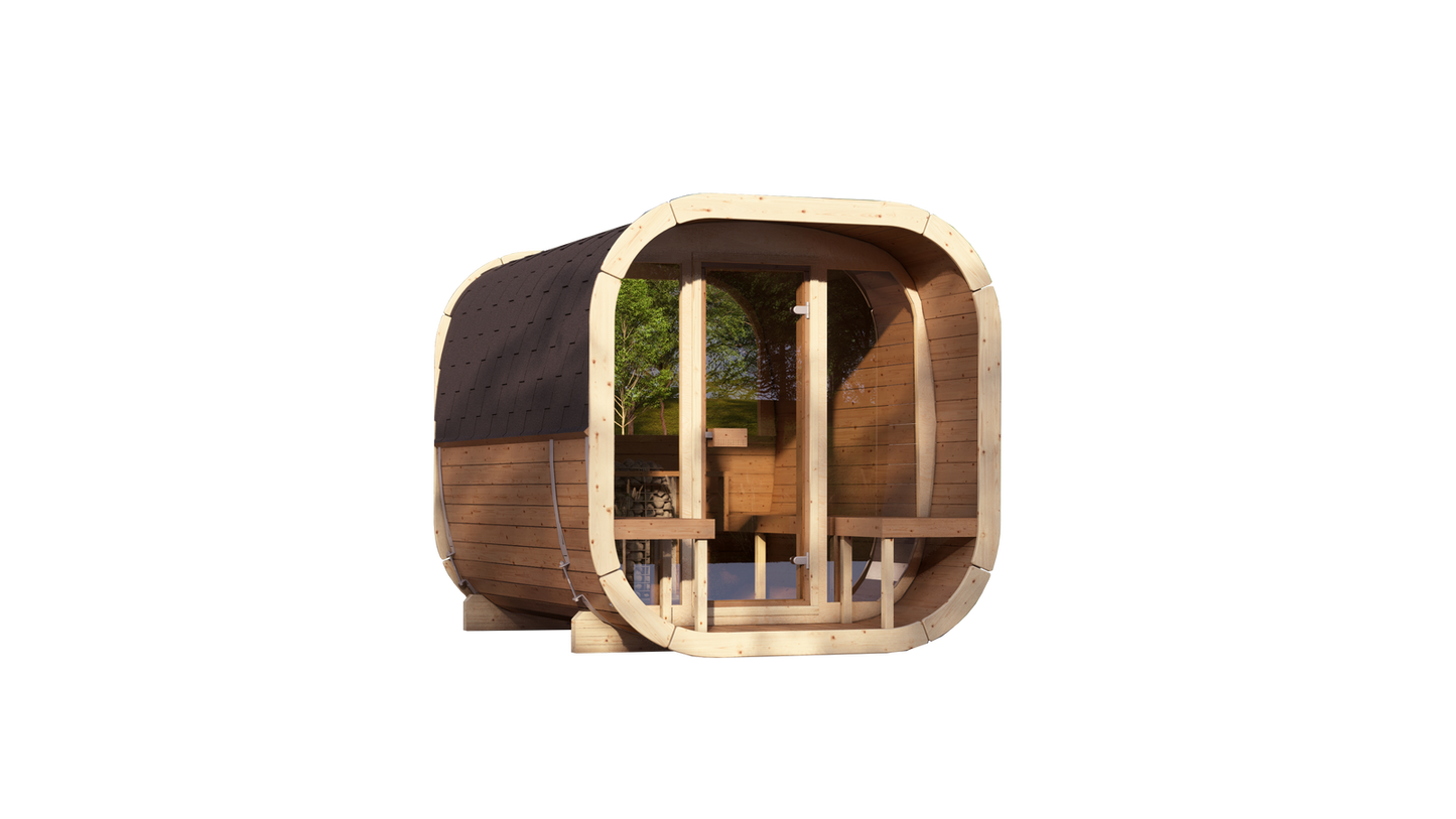 Sauna zewnętrzna Eke 280 dla 4-6 osób / Piec elektryczny lub Opalany Drewnem Harvia / Wysokiej Jakości Świerk Nordycki ( Sosnowe Drewno Termiczne) | Wellness | Relaks | SPA | Nordycki Styl