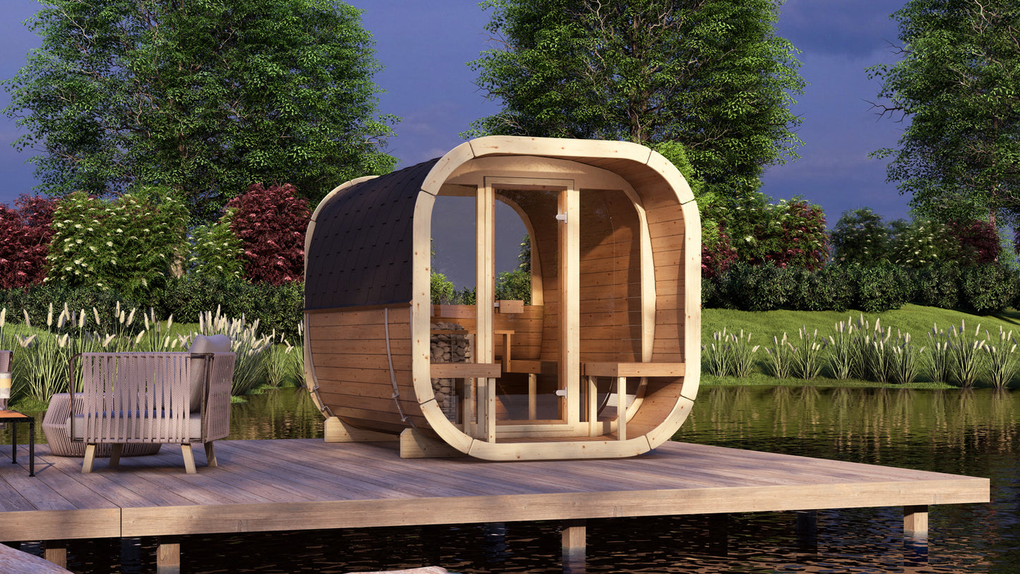 Sauna zewnętrzna Eke 280 dla 4-6 osób / Piec elektryczny lub Opalany Drewnem Harvia / Wysokiej Jakości Świerk Nordycki ( Sosnowe Drewno Termiczne) | Wellness | Relaks | SPA | Nordycki Styl