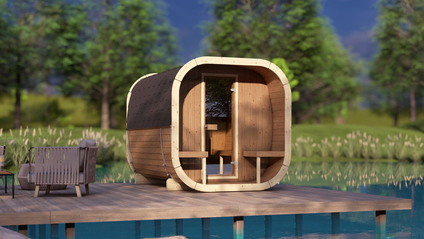 Sauna zewnętrzna Eke 280 dla 4-6 osób / Piec elektryczny lub Opalany Drewnem Harvia / Wysokiej Jakości Świerk Nordycki ( Sosnowe Drewno Termiczne) | Wellness | Relaks | SPA | Nordycki Styl