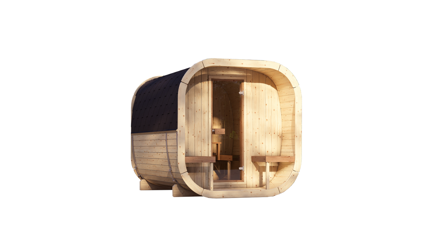 Sauna zewnętrzna Eke 280 dla 4-6 osób / Piec elektryczny lub Opalany Drewnem Harvia / Wysokiej Jakości Świerk Nordycki ( Sosnowe Drewno Termiczne) | Wellness | Relaks | SPA | Nordycki Styl