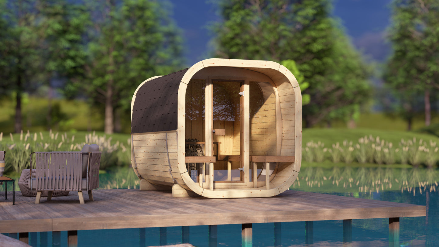 Sauna zewnętrzna Eke 280 dla 4-6 osób / Piec elektryczny lub Opalany Drewnem Harvia / Wysokiej Jakości Świerk Nordycki ( Sosnowe Drewno Termiczne) | Wellness | Relaks | SPA | Nordycki Styl