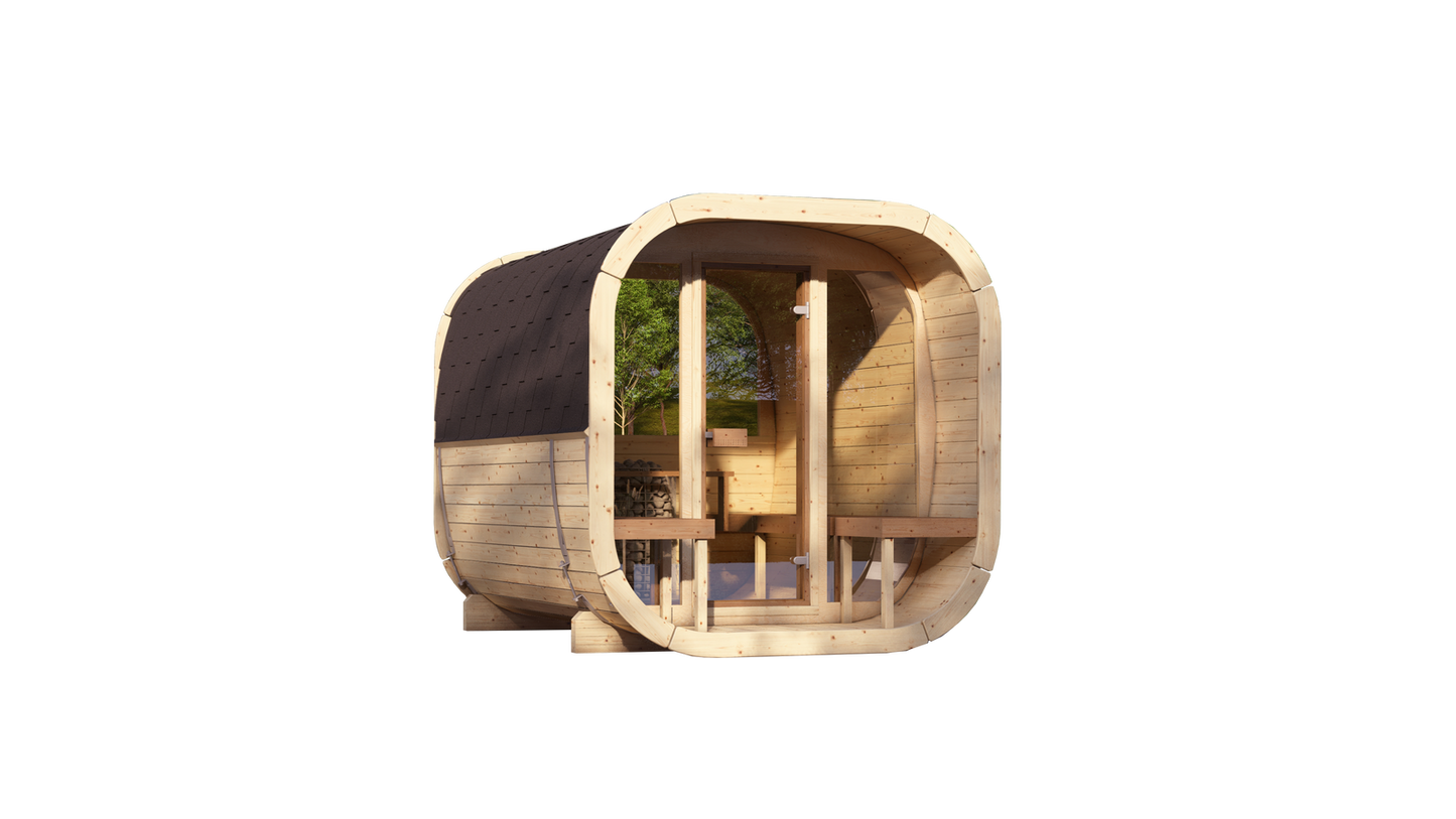 Sauna zewnętrzna Eke 280 dla 4-6 osób / Piec elektryczny lub Opalany Drewnem Harvia / Wysokiej Jakości Świerk Nordycki ( Sosnowe Drewno Termiczne) | Wellness | Relaks | SPA | Nordycki Styl