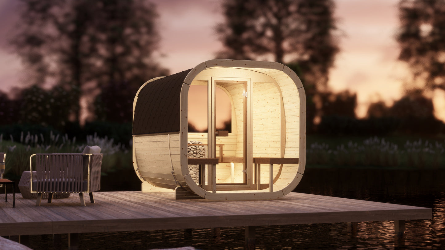 Sauna zewnętrzna Eke 280 dla 4-6 osób / Piec elektryczny lub Opalany Drewnem Harvia / Wysokiej Jakości Świerk Nordycki ( Sosnowe Drewno Termiczne) | Wellness | Relaks | SPA | Nordycki Styl