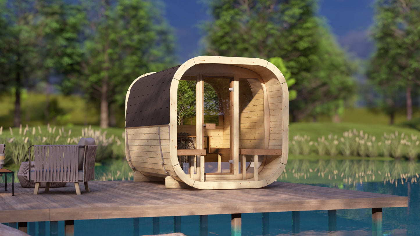 Sauna zewnętrzna Eke 280 dla 4-6 osób / Piec elektryczny lub Opalany Drewnem Harvia / Wysokiej Jakości Świerk Nordycki ( Sosnowe Drewno Termiczne) | Wellness | Relaks | SPA | Nordycki Styl