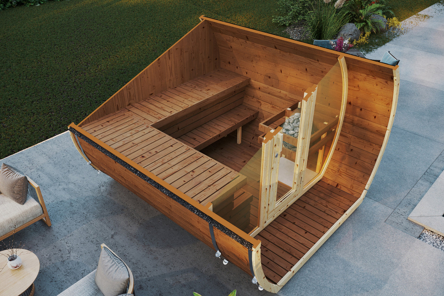 Sauna zewnętrzna Susi 280 dla 4-6 osób / Piec elektryczny lub Opalany Drewnem Harvia / Wysokiej Jakości Świerk Nordycki ( Sosnowe Drewno Termiczne) | Wellness | Relaks | SPA |