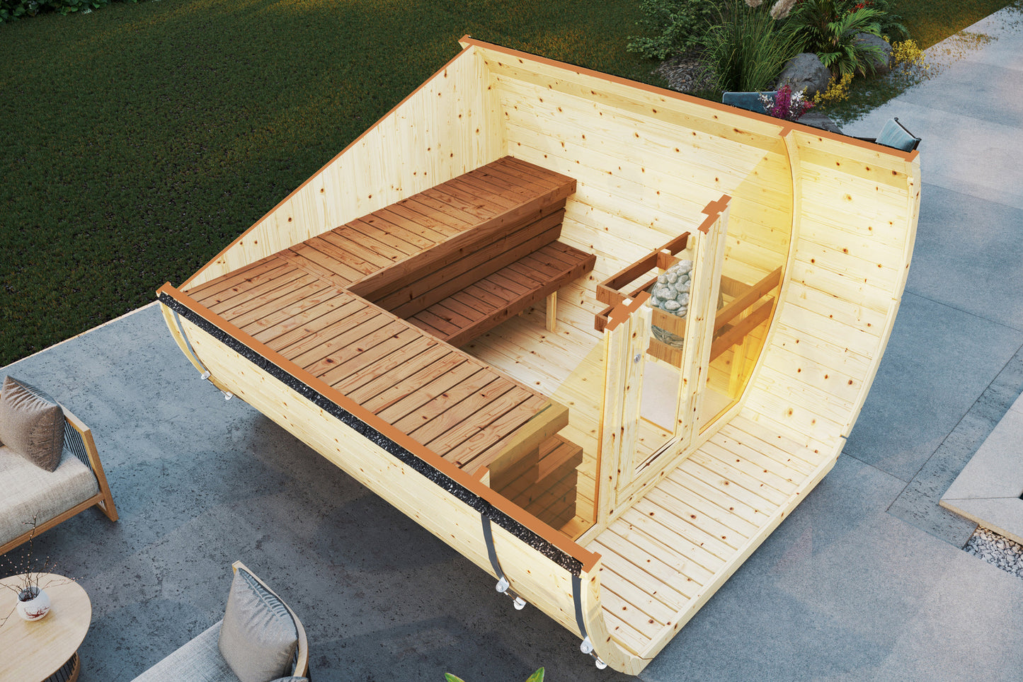 Sauna zewnętrzna Susi 280 dla 4-6 osób / Piec elektryczny lub Opalany Drewnem Harvia / Wysokiej Jakości Świerk Nordycki ( Sosnowe Drewno Termiczne) | Wellness | Relaks | SPA |