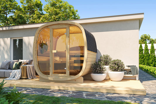 Sauna zewnętrzna Uku 160 dla 3-4 osób / Tylko ogrzewanie elektryczne / Wysokiej Jakości Świerk Nordycki ( Sosnowe Drewno Termiczne) | Wellness | Relaks | SPA |