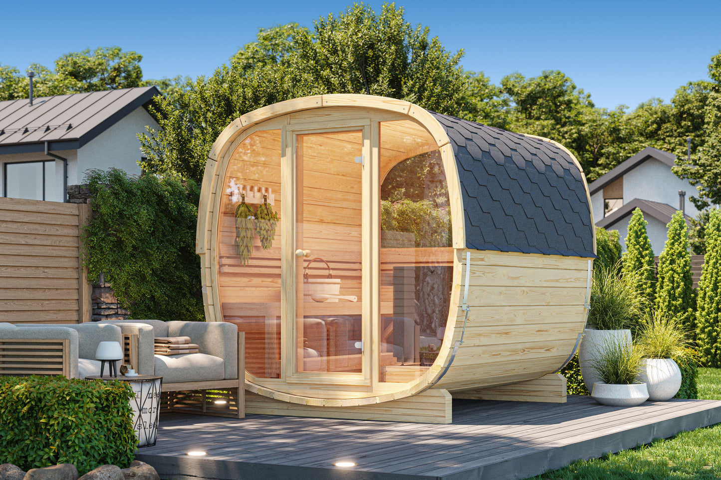 Sauna zewnętrzna Uku 230 dla 4-6 osób / Piec elektryczny lub Opalany Drewnem Harvia / Wysokiej Jakości Świerk Nordycki ( Sosnowe Drewno Termiczne) | Wellness | Relaks | SPA |