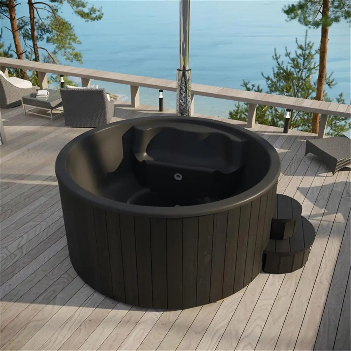 Zestaw Sauna & Balia | Sauna zewnętrzna Anita | Fińska | Sucha | Balia Hot Tub Lux 200 czarna | Beczka | Thermwood