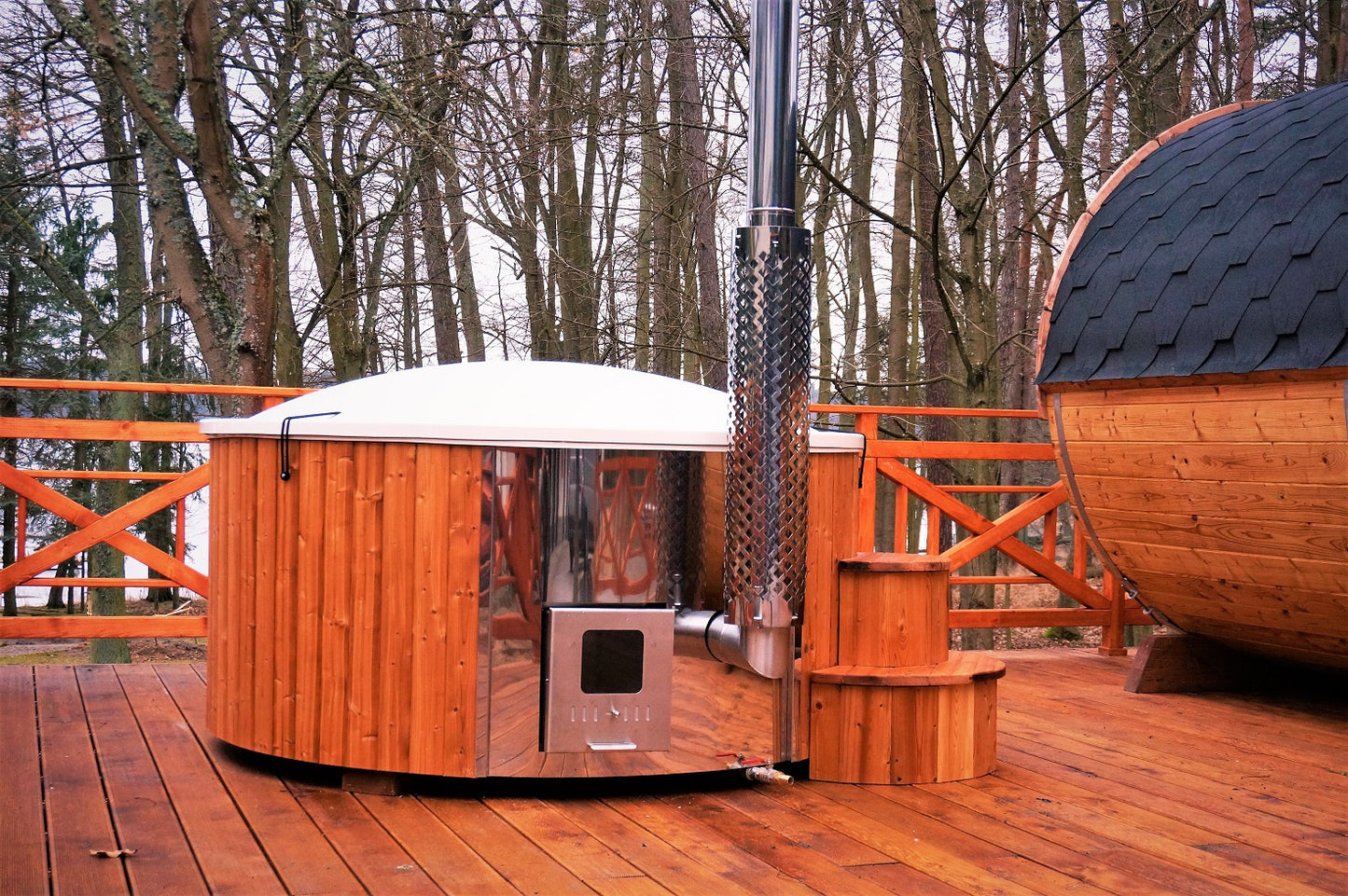 Zestaw Sauna & Balia zewnętrzna | Sauna ogrodowa fińska EDA 160 | Sucha | Beczkowa | Balia LUX HOT TUB 200 | Thermwood
